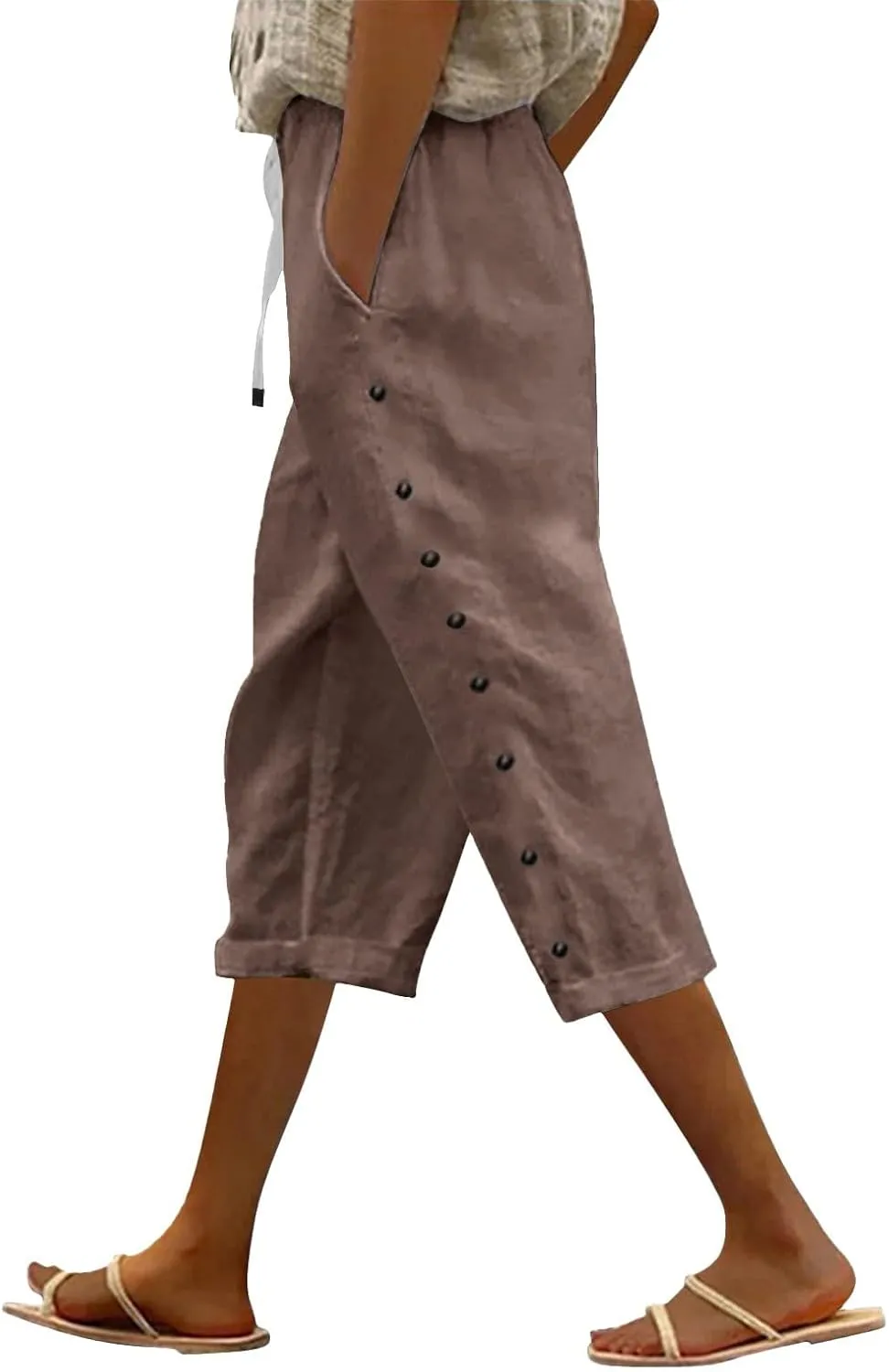 Women's Cotton Linen Pants Summer Loose Fit Drawstring Elastic Waisted Capris with Pocket Casual Beach Cropped Pants