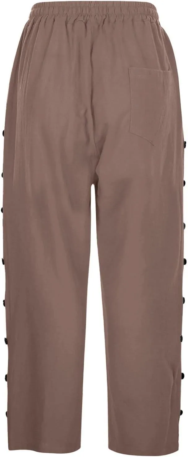 Women's Cotton Linen Pants Summer Loose Fit Drawstring Elastic Waisted Capris with Pocket Casual Beach Cropped Pants