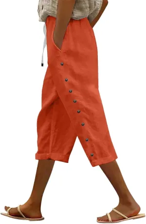 Women's Cotton Linen Pants Summer Loose Fit Drawstring Elastic Waisted Capris with Pocket Casual Beach Cropped Pants