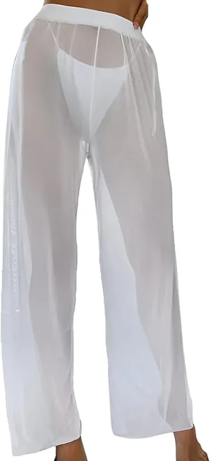Womens Cover up Pants Sheer Bikini Bottoms Swimsuit Cover up Wide Leg Beach Pants