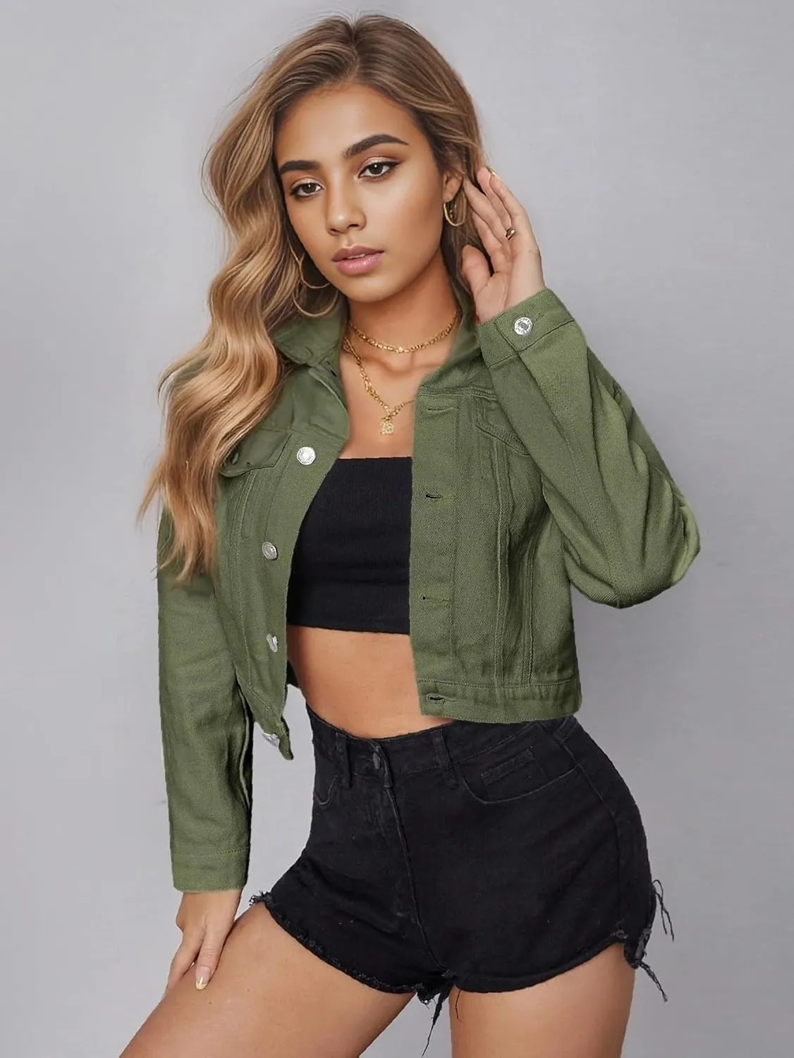 Women's Denim Jackets Cropped Long Sleeve Button Down Lapel Washed Denim Jackets for Women Trendy