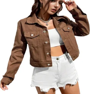 Women's Denim Jackets Cropped Long Sleeve Button Down Lapel Washed Denim Jackets for Women Trendy