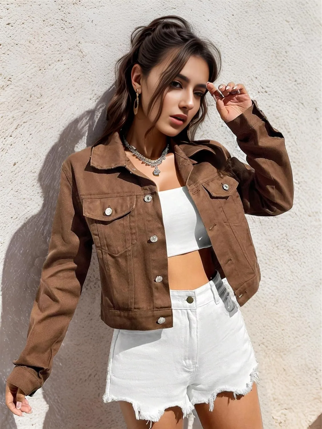 Women's Denim Jackets Cropped Long Sleeve Button Down Lapel Washed Denim Jackets for Women Trendy
