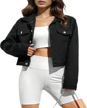 Women's Denim Jackets Cropped Long Sleeve Button Down Lapel Washed Denim Jackets for Women Trendy