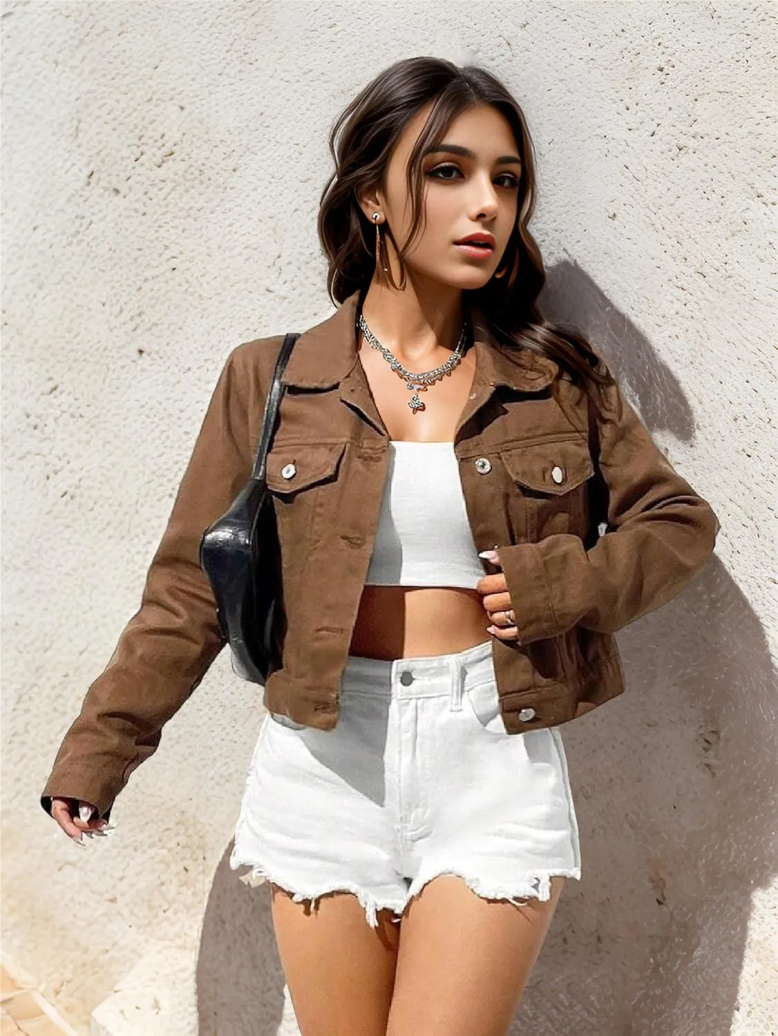 Women's Denim Jackets Cropped Long Sleeve Button Down Lapel Washed Denim Jackets for Women Trendy