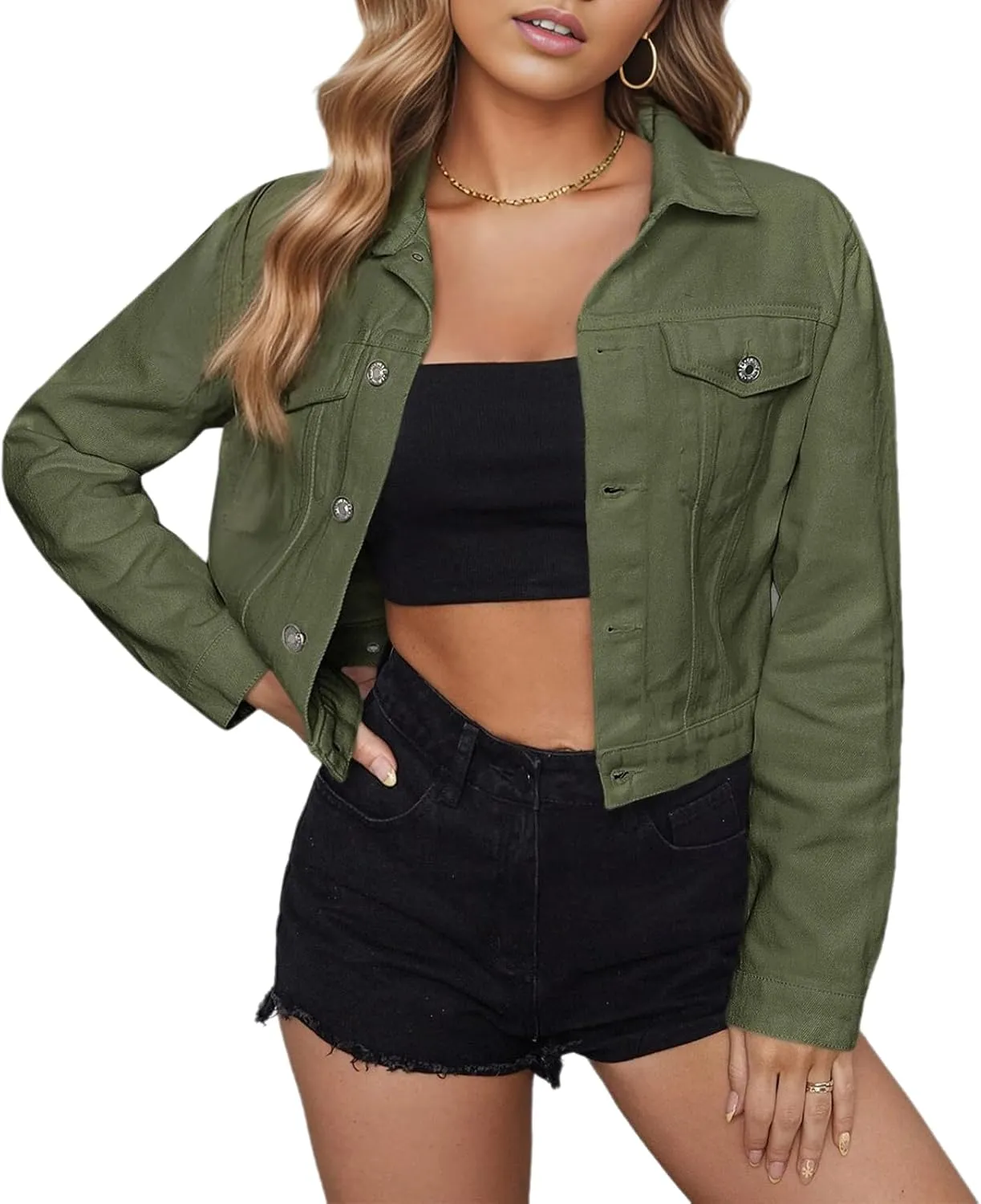 Women's Denim Jackets Cropped Long Sleeve Button Down Lapel Washed Denim Jackets for Women Trendy