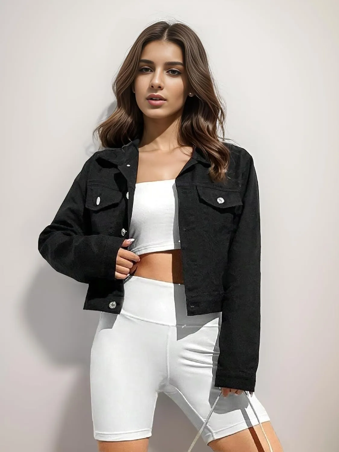 Women's Denim Jackets Cropped Long Sleeve Button Down Lapel Washed Denim Jackets for Women Trendy