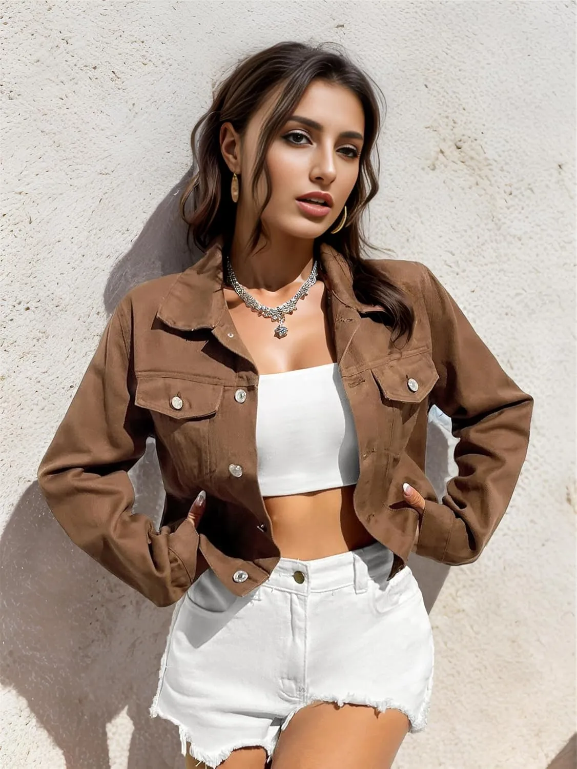 Women's Denim Jackets Cropped Long Sleeve Button Down Lapel Washed Denim Jackets for Women Trendy