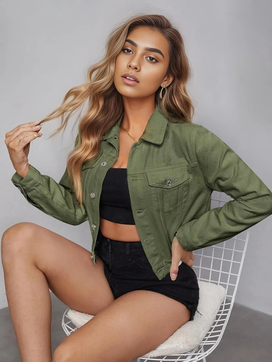 Women's Denim Jackets Cropped Long Sleeve Button Down Lapel Washed Denim Jackets for Women Trendy