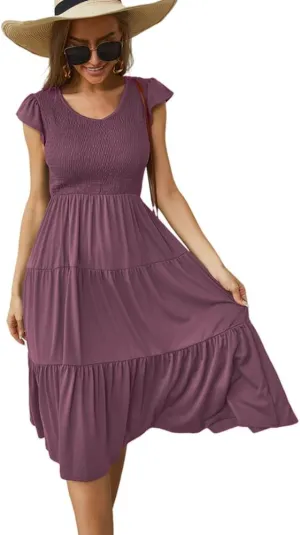 Womens Elegant Evening Party Dress Flutter Sleeve Midi Summer Beach V Neck Sundress Casual Tiered Smocked