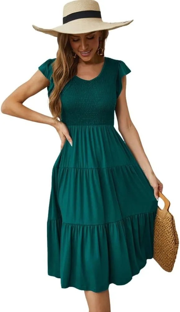 Womens Elegant Evening Party Dress Flutter Sleeve Midi Summer Beach V Neck Sundress Casual Tiered Smocked