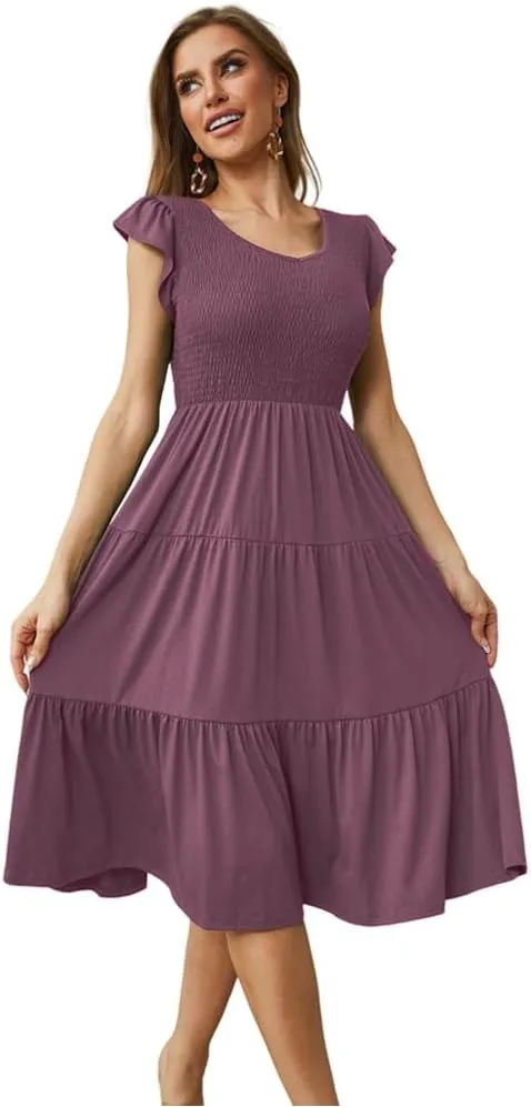 Womens Elegant Evening Party Dress Flutter Sleeve Midi Summer Beach V Neck Sundress Casual Tiered Smocked