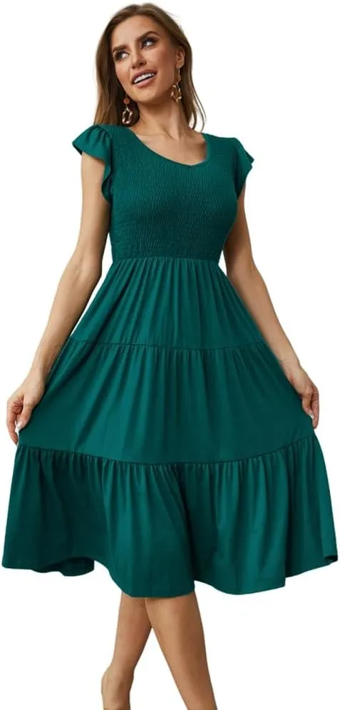 Womens Elegant Evening Party Dress Flutter Sleeve Midi Summer Beach V Neck Sundress Casual Tiered Smocked