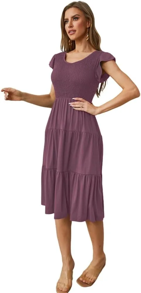 Womens Elegant Evening Party Dress Flutter Sleeve Midi Summer Beach V Neck Sundress Casual Tiered Smocked