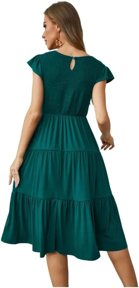 Womens Elegant Evening Party Dress Flutter Sleeve Midi Summer Beach V Neck Sundress Casual Tiered Smocked