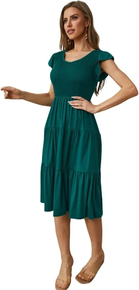 Womens Elegant Evening Party Dress Flutter Sleeve Midi Summer Beach V Neck Sundress Casual Tiered Smocked