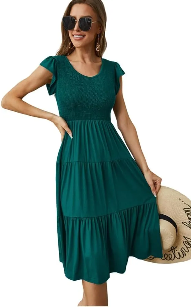 Womens Elegant Evening Party Dress Flutter Sleeve Midi Summer Beach V Neck Sundress Casual Tiered Smocked