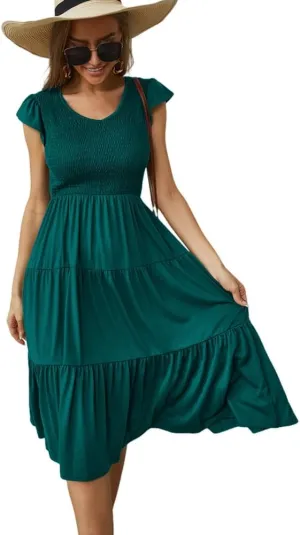 Womens Elegant Evening Party Dress Flutter Sleeve Midi Summer Beach V Neck Sundress Casual Tiered Smocked
