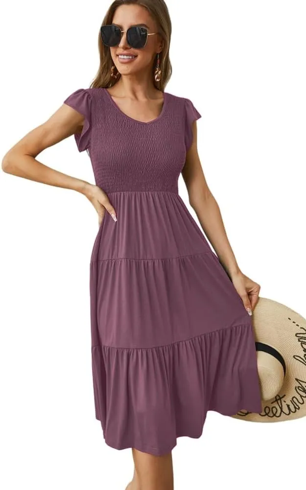 Womens Elegant Evening Party Dress Flutter Sleeve Midi Summer Beach V Neck Sundress Casual Tiered Smocked