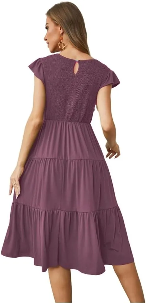 Womens Elegant Evening Party Dress Flutter Sleeve Midi Summer Beach V Neck Sundress Casual Tiered Smocked