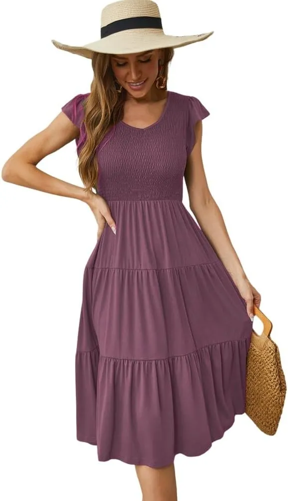Womens Elegant Evening Party Dress Flutter Sleeve Midi Summer Beach V Neck Sundress Casual Tiered Smocked