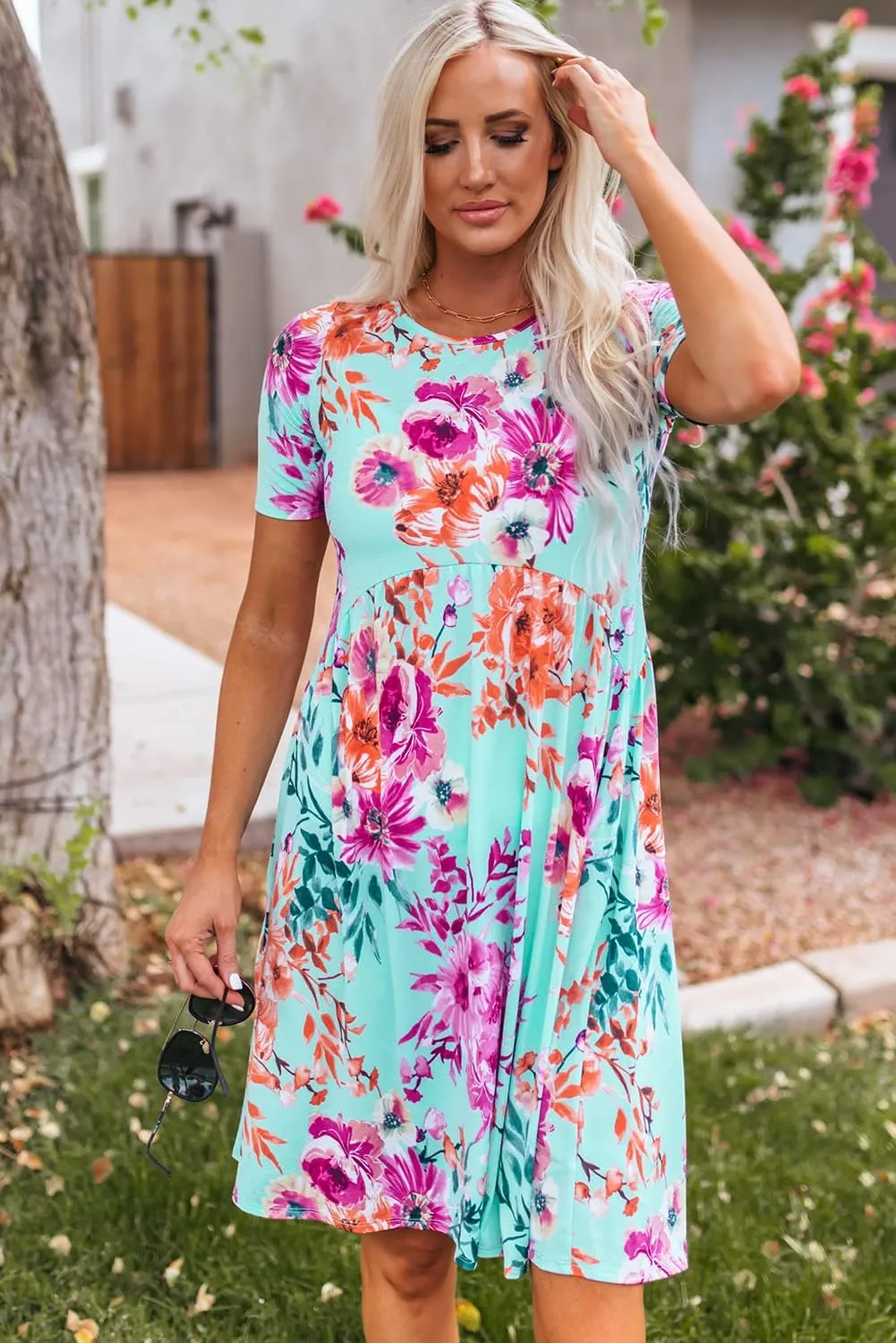 Women's Elegant Summer Autumn Crewneck Floral Printed Ruffle High Waist Mini Dress Cute Flowy Knee-Length Sun Skirt