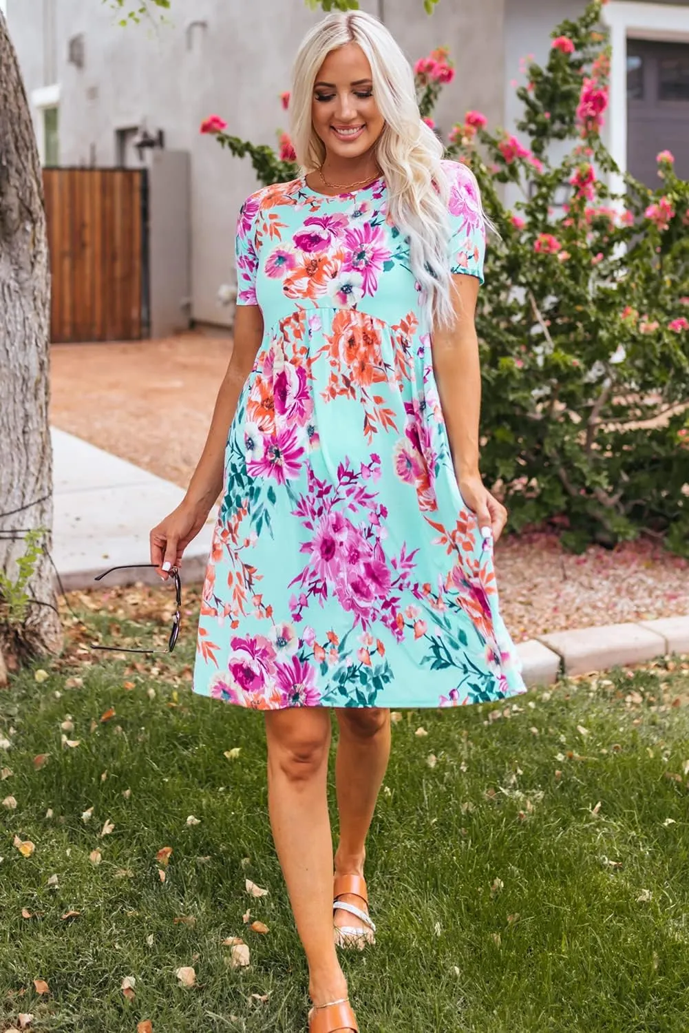 Women's Elegant Summer Autumn Crewneck Floral Printed Ruffle High Waist Mini Dress Cute Flowy Knee-Length Sun Skirt