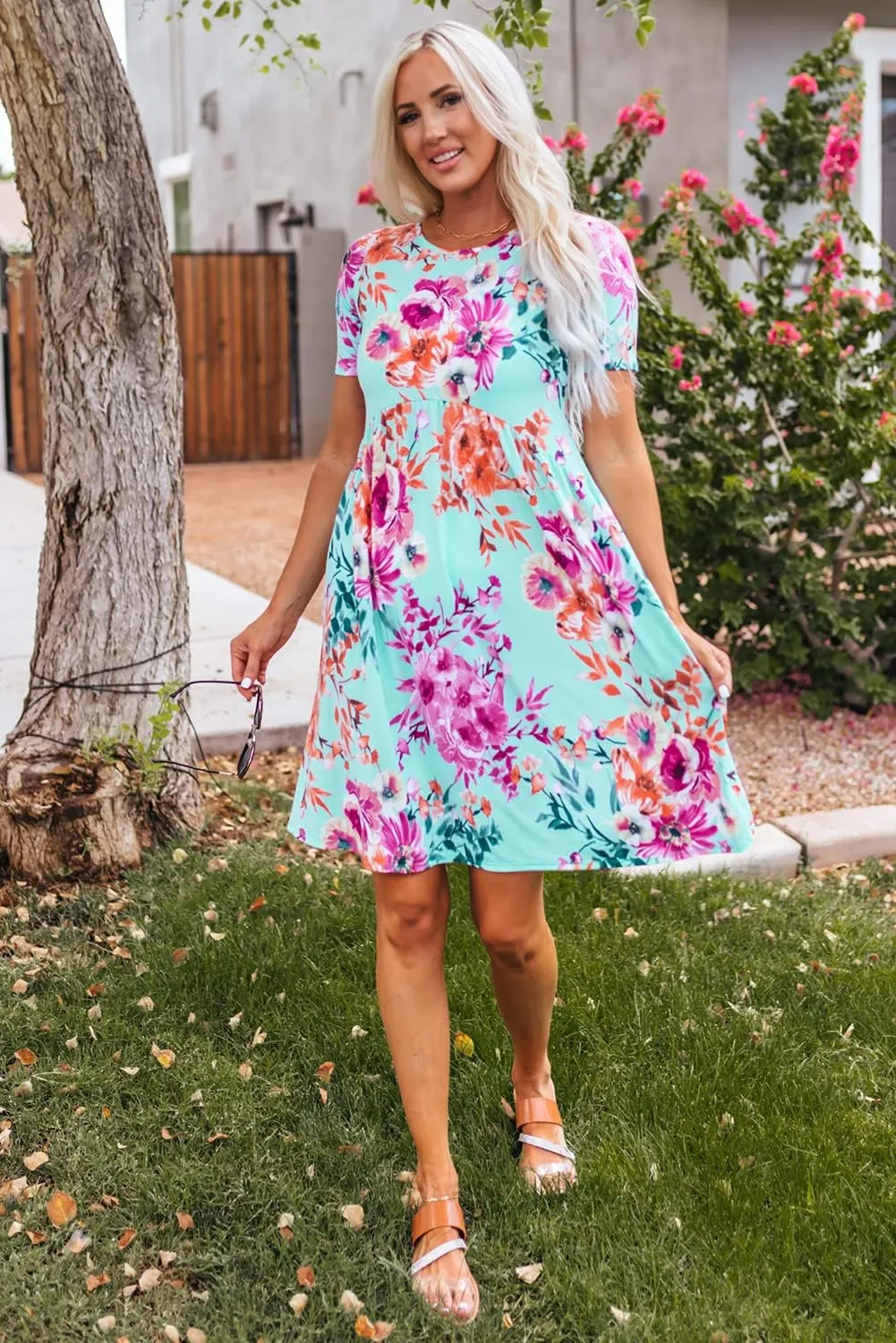 Women's Elegant Summer Autumn Crewneck Floral Printed Ruffle High Waist Mini Dress Cute Flowy Knee-Length Sun Skirt