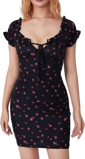 Women's Floral Off Shoulder Bodycon Dress Sexy Short Sleeve Tie Up Front Ruffle Mini Dress for Party Club