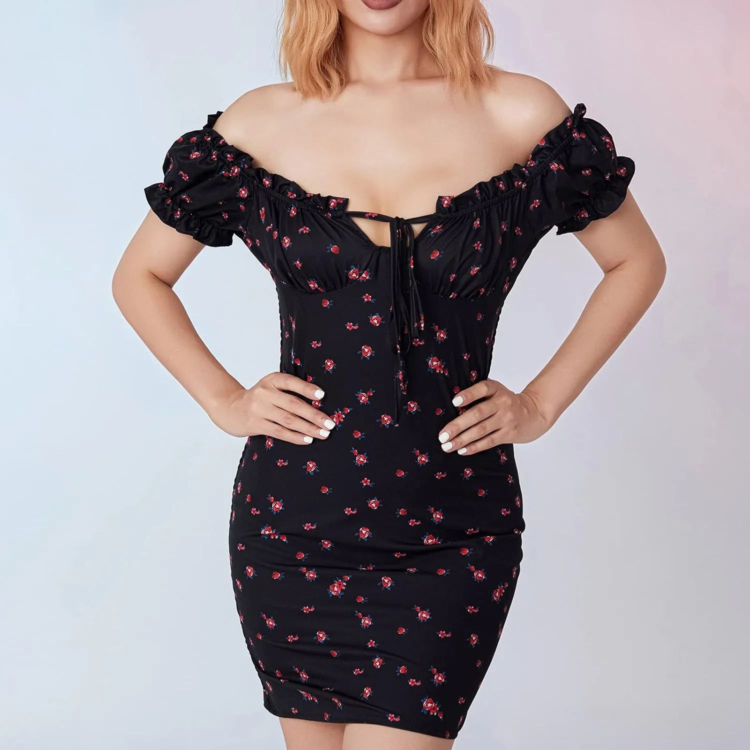 Women's Floral Off Shoulder Bodycon Dress Sexy Short Sleeve Tie Up Front Ruffle Mini Dress for Party Club