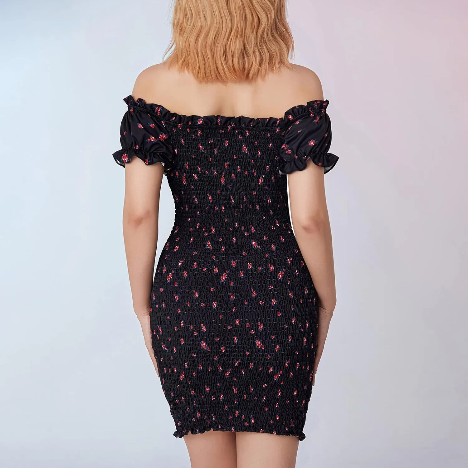 Women's Floral Off Shoulder Bodycon Dress Sexy Short Sleeve Tie Up Front Ruffle Mini Dress for Party Club