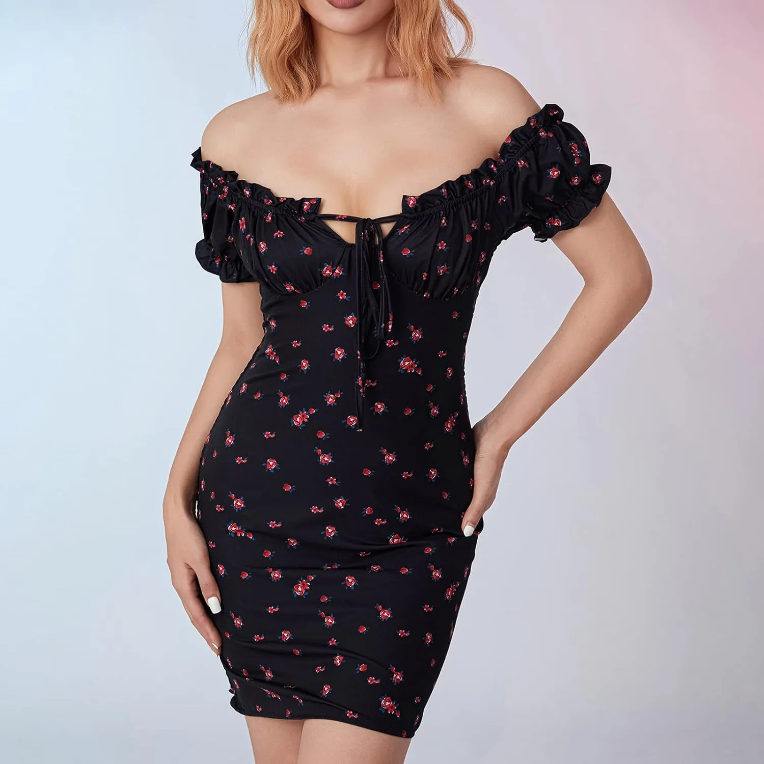 Women's Floral Off Shoulder Bodycon Dress Sexy Short Sleeve Tie Up Front Ruffle Mini Dress for Party Club