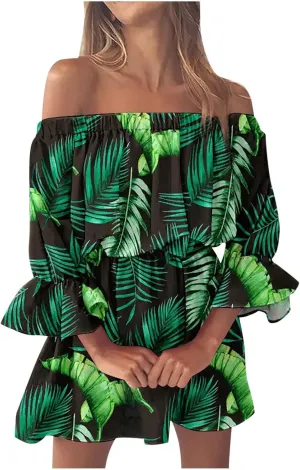 Women's Floral Off Shoulder Half Sleeve Summer Ruffle Flowy Flounce A Line Mini Dress Green