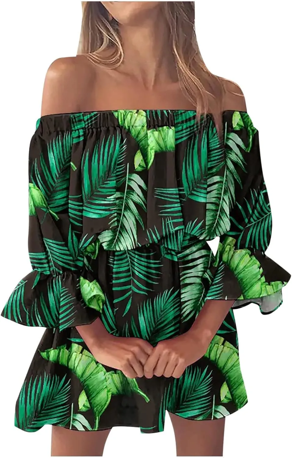 Women's Floral Off Shoulder Half Sleeve Summer Ruffle Flowy Flounce A Line Mini Dress Green