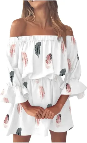 Women's Floral Off Shoulder Half Sleeve Summer Ruffle Flowy Flounce A Line Mini Dress White