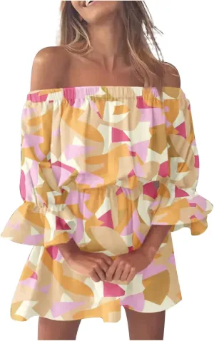 Women's Floral Off Shoulder Half Sleeve Summer Ruffle Flowy Flounce A Line Mini Dress Yellow