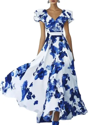 Womens Floral Print V Neck Sleeveless Maxi Dress Elegant Formal A Line Empire Waist Evening Party Dress