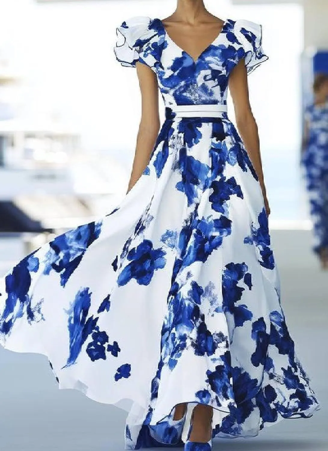 Womens Floral Print V Neck Sleeveless Maxi Dress Elegant Formal A Line Empire Waist Evening Party Dress