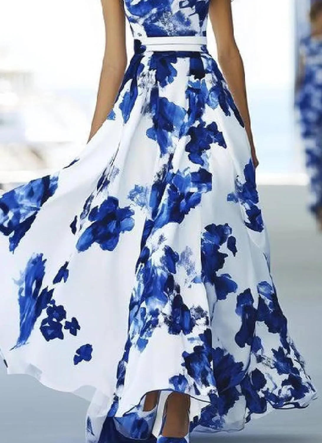 Womens Floral Print V Neck Sleeveless Maxi Dress Elegant Formal A Line Empire Waist Evening Party Dress