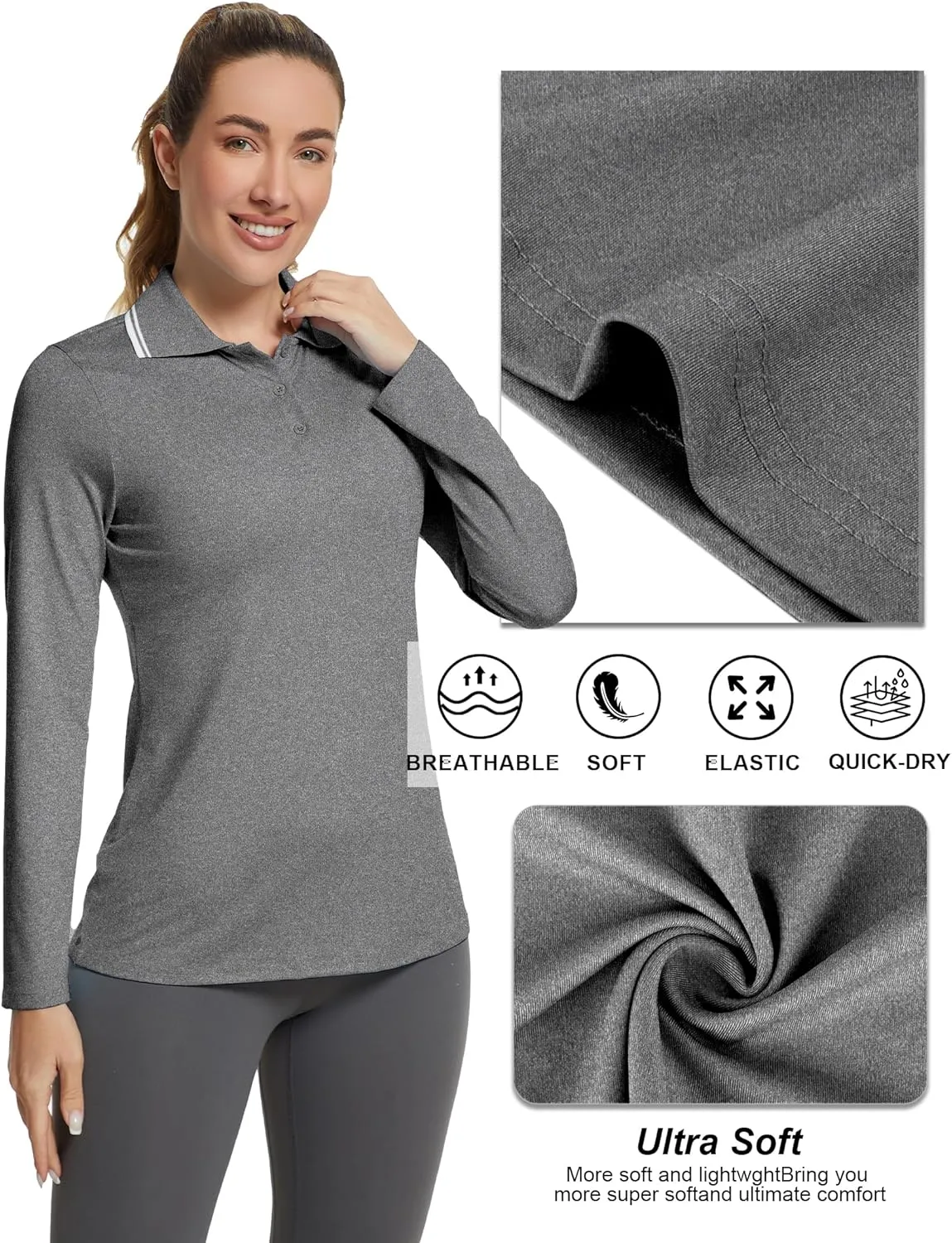 Women's Golf Polo Shirts Long Sleeve Workout Tops UPF 50  Sun Protection Quick Dry Lightweight Active Tennis Shirts