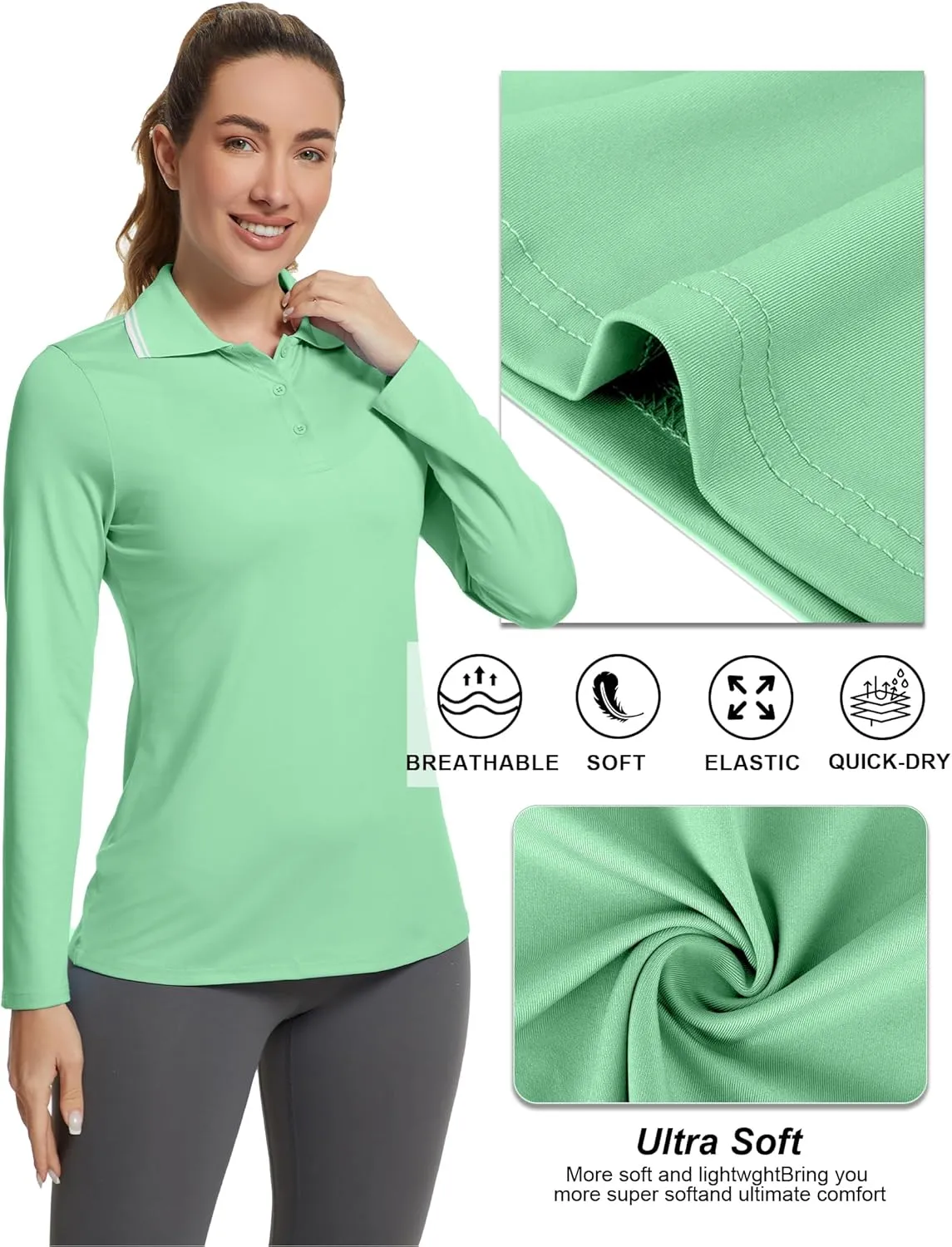 Women's Golf Polo Shirts Long Sleeve Workout Tops UPF 50  Sun Protection Quick Dry Lightweight Active Tennis Shirts
