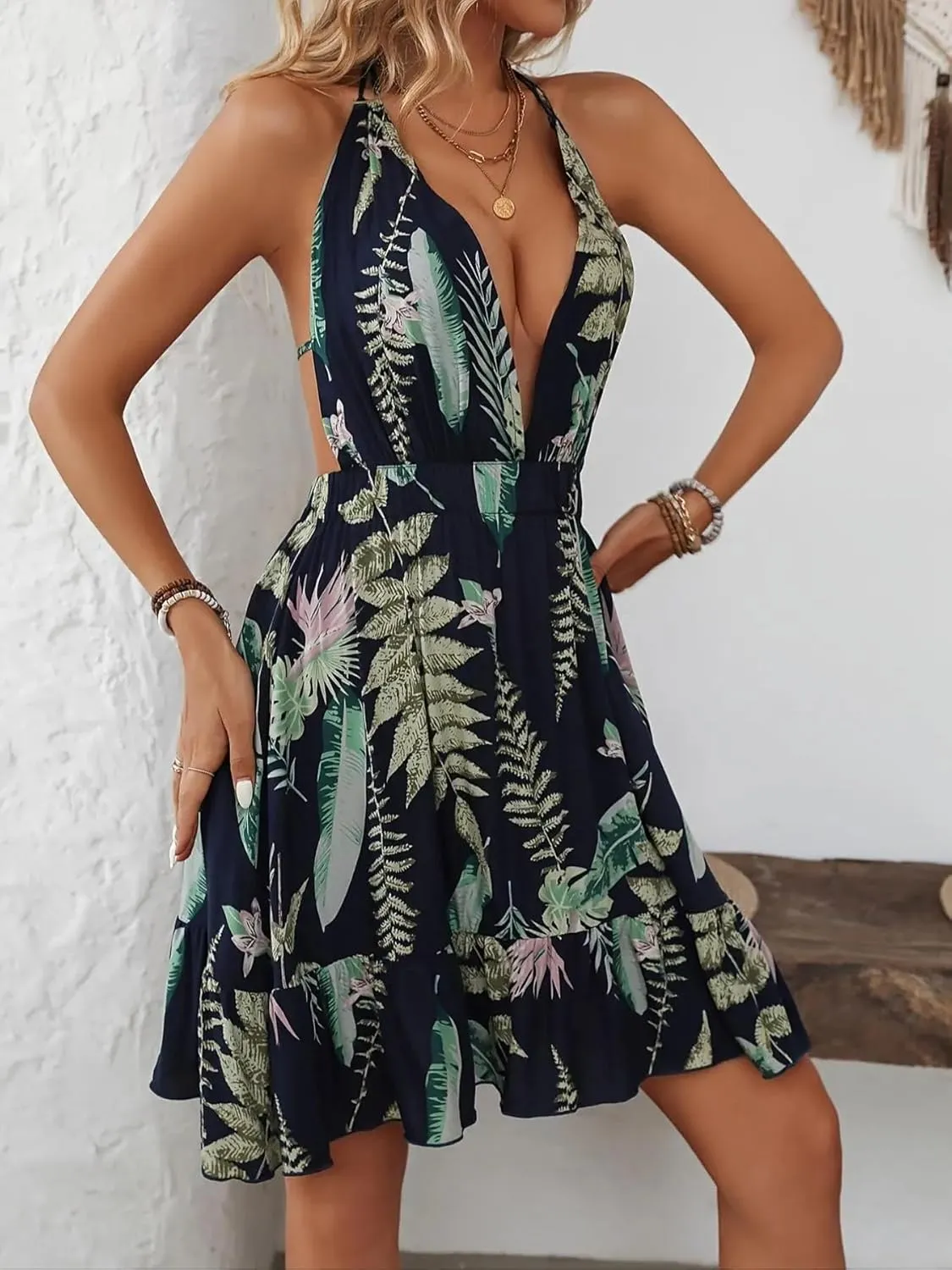 Women's Halter Beach Dress Deep V Neck Backless Floral Print Boho Dress Ruffle Hem Strap Mini Dresses