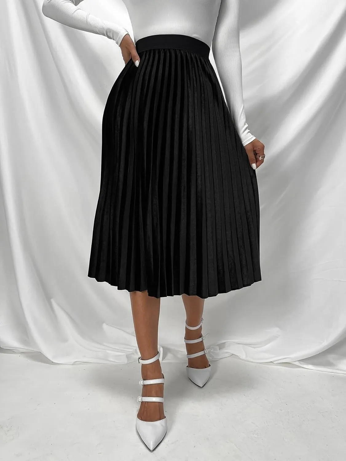 Womens High Waist Pleated Midi Skirt Loose Knee Length Skirts for Women