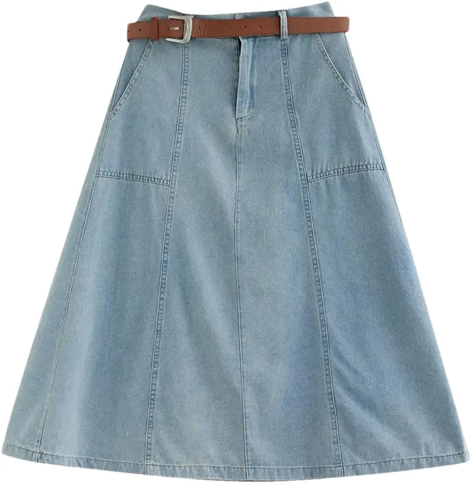 Womens High Waisted Denim Skirt Loose A-Line Medium Length Jeans Skirt Vintage Casual