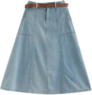 Womens High Waisted Denim Skirt Loose A-Line Medium Length Jeans Skirt Vintage Casual