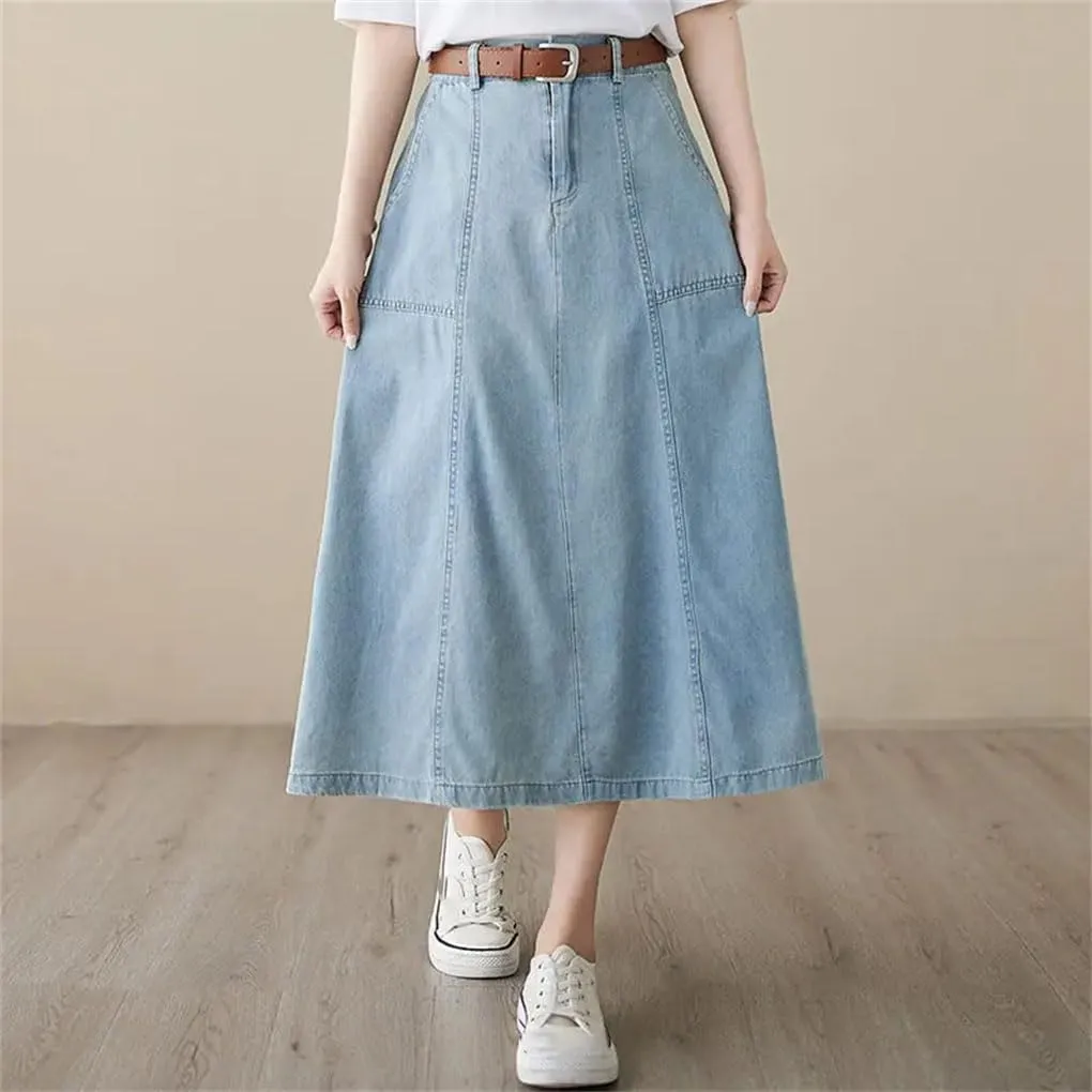 Womens High Waisted Denim Skirt Loose A-Line Medium Length Jeans Skirt Vintage Casual