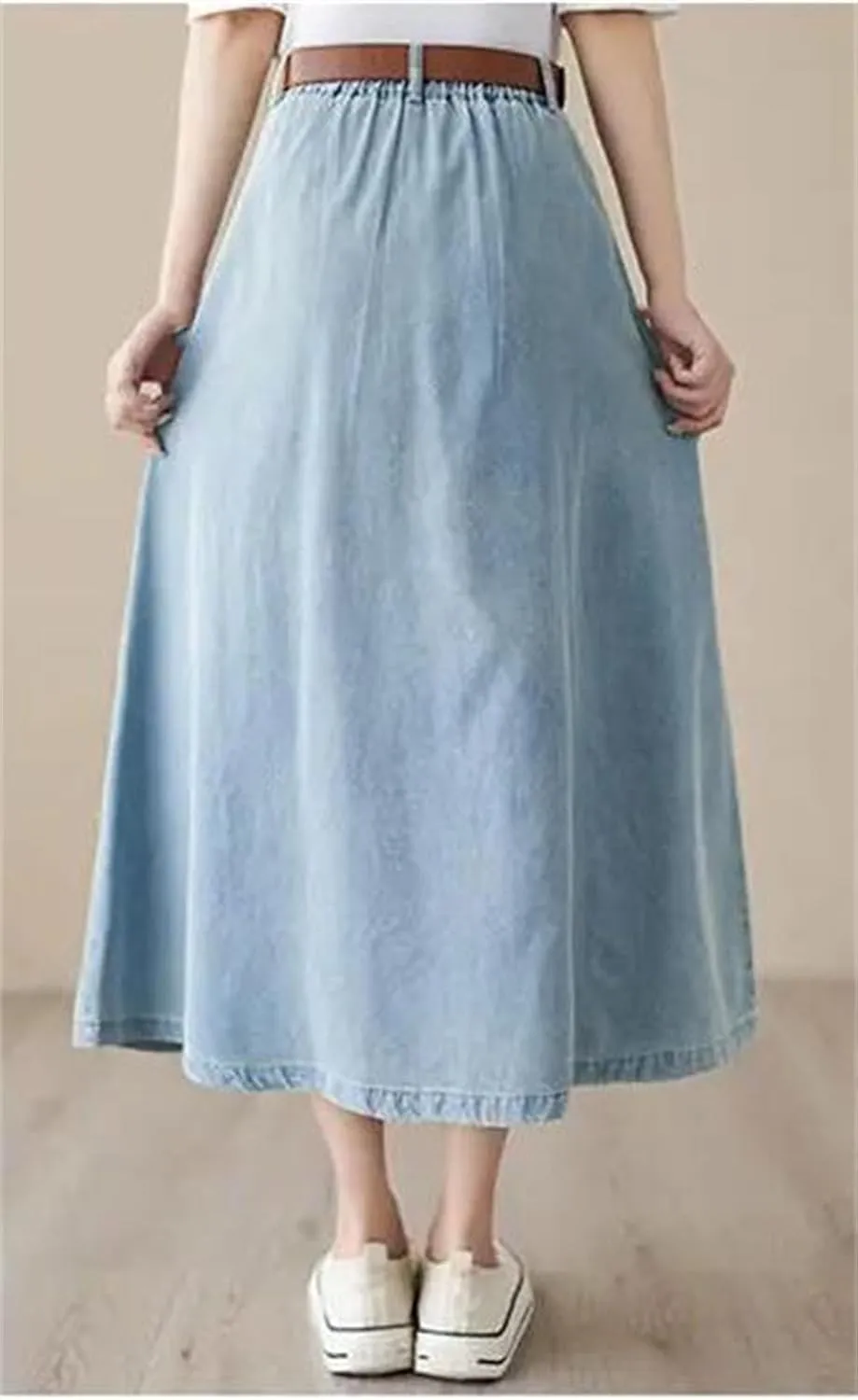 Womens High Waisted Denim Skirt Loose A-Line Medium Length Jeans Skirt Vintage Casual