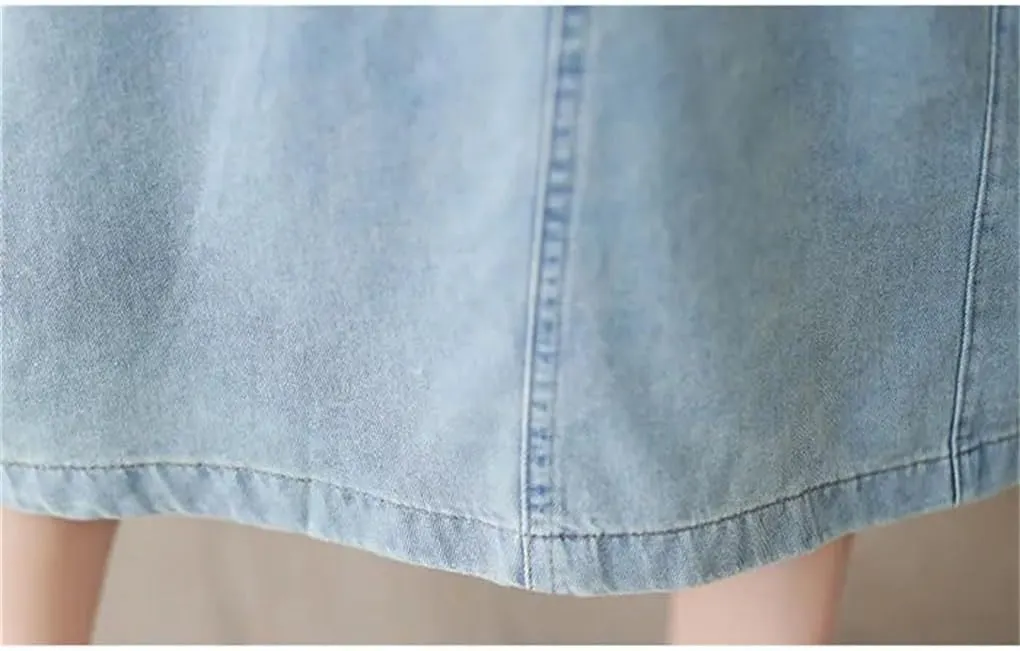 Womens High Waisted Denim Skirt Loose A-Line Medium Length Jeans Skirt Vintage Casual