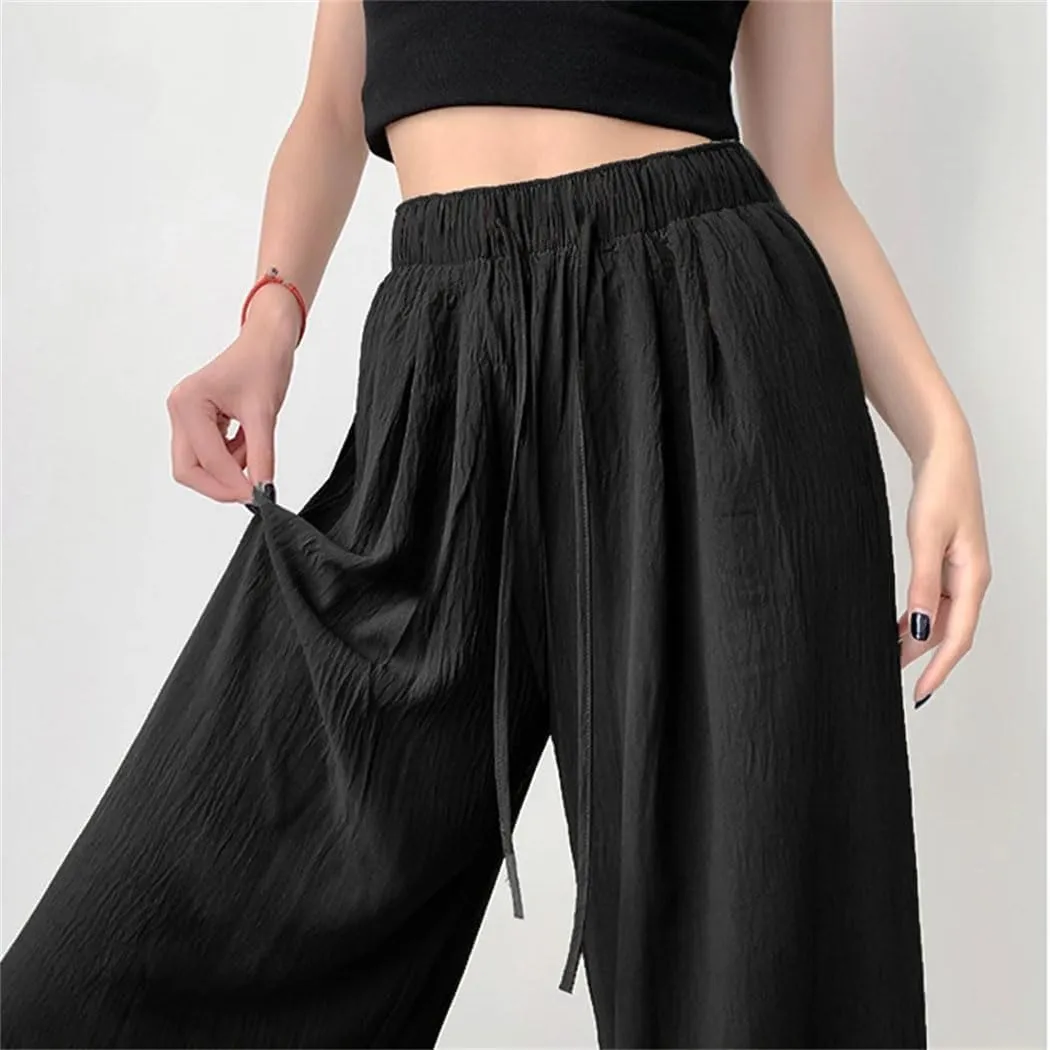 Womens Japanese Ice Silk Wide Leg Pants High Waist Straight Draped Anti-Wrinkle Summer Casual Trousers