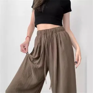 Womens Japanese Ice Silk Wide Leg Pants High Waist Straight Draped Anti-Wrinkle Summer Casual Trousers